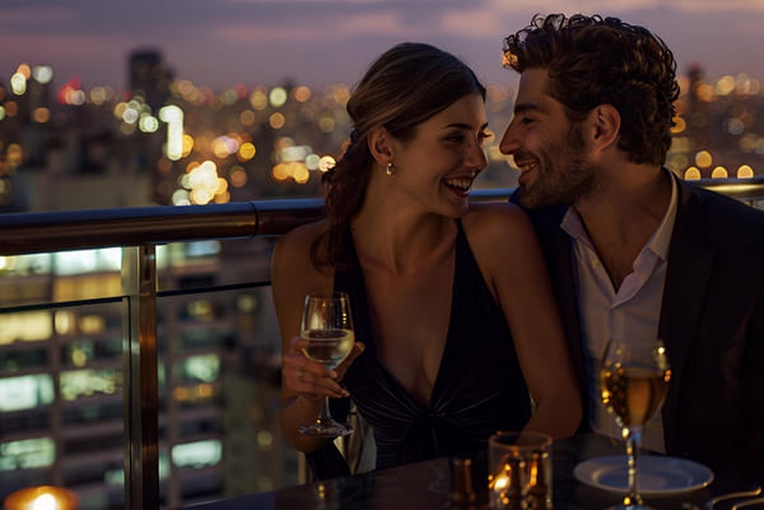 sugar daddy on rooftop with city lights