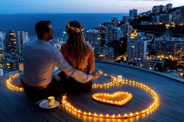 romantic candlelit dinner on a rooftop terrace intimate love realistic 